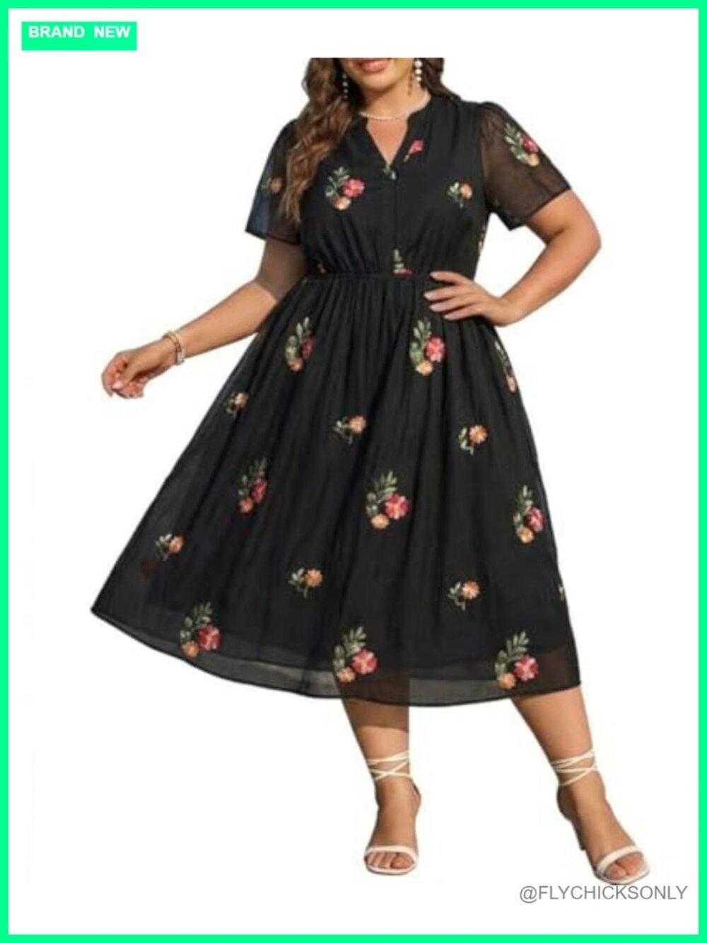 Plus Size Floral Midi Dress V-Neck Puff Sleeve A-Line with Pockets
